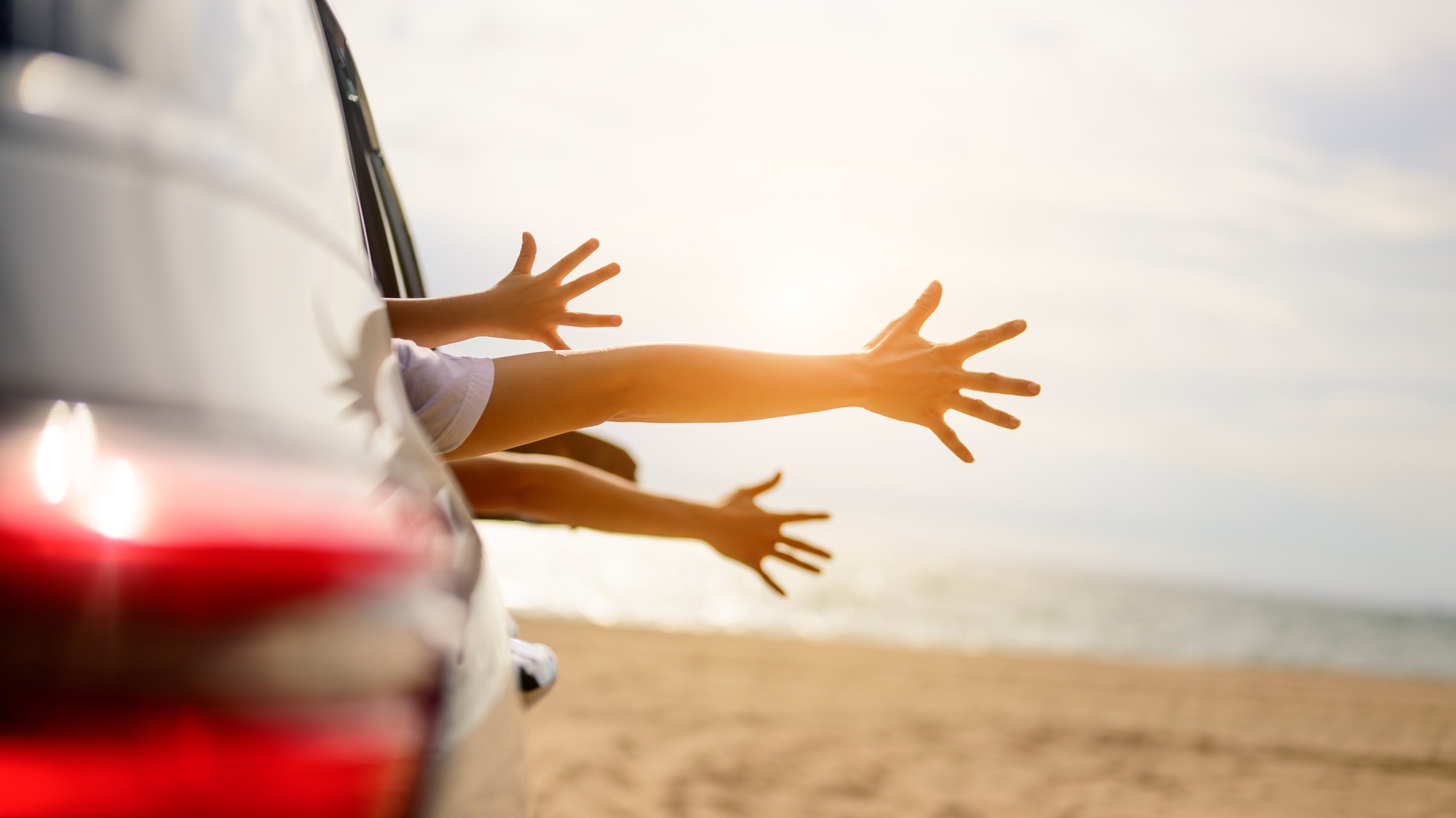 Family travel on beach, Family with car road trip at sea on summer